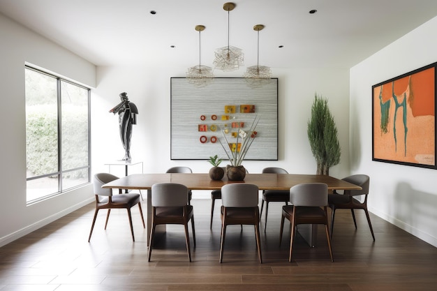 Sala da pranzo moderna della metà del secolo con tavolo e sedie eleganti e opere d'arte contemporanea alle pareti