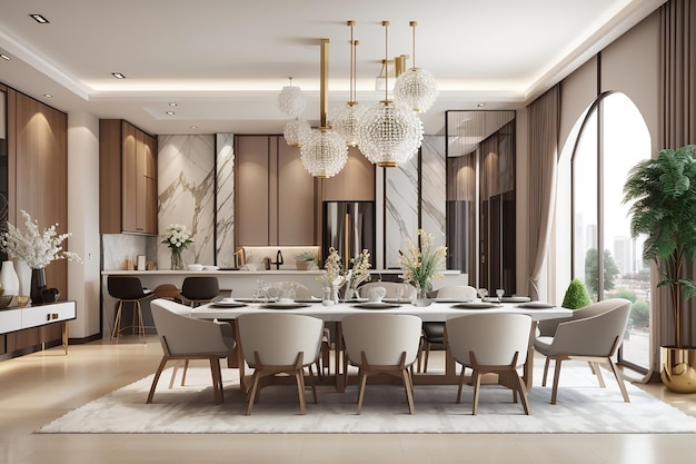 Sala da pranzo moderna e soggiorno con rendering 3d con decorazioni di lusso