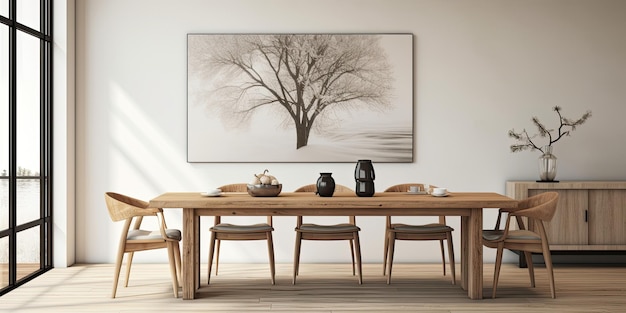 Sala da pranzo monocromatica con tavolo in legno e opere d'arte