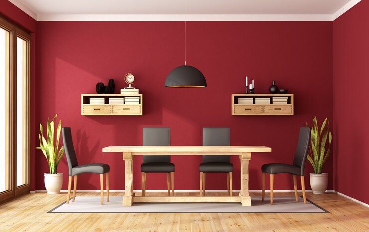 Foto sala da pranzo rossa con tavolo in legno retrò