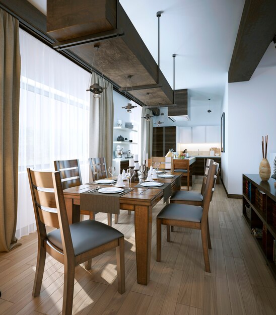 Sala da pranzo rustica con tavolo e sedie in legno.