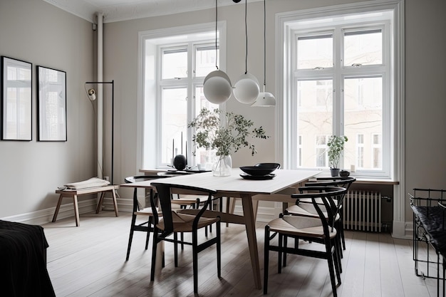 Sala da pranzo scandinava con tavolo e sedie minimalisti
