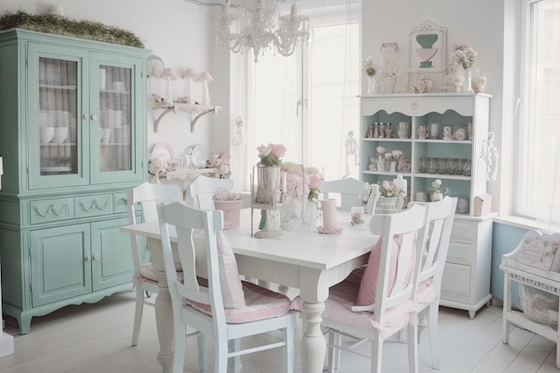 Sala da pranzo shabby chic con mobili dipinti di bianco e dettagli decorativi in colori pastello