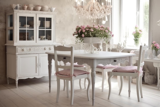 Sala da pranzo shabby chic con tavolo e sedie lampadario in difficoltà e centrotavola floreale