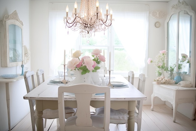 Sala da pranzo shabby chic con tavolo e sedie lampadario in difficoltà e centrotavola floreale