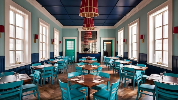 Sala del ristorante con sedie turchesi finestre francesi soffitto di colore marino