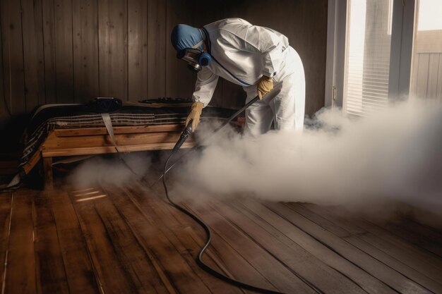 Sala di disinfezione dell'addetto al controllo dei parassiti degli insetti Uomo in uniforme che spruzza con disinfettante chimico Genera ai