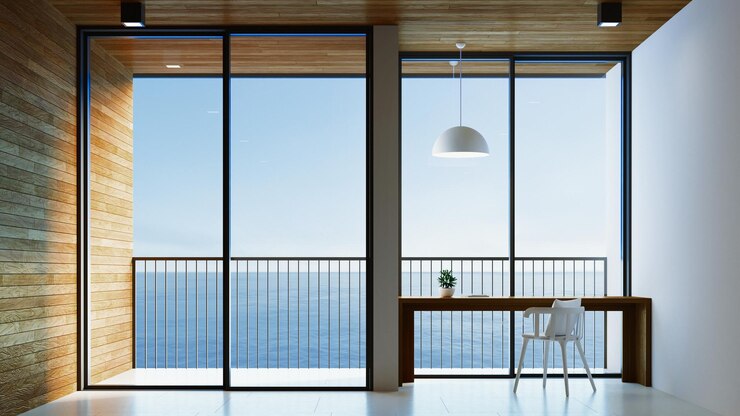 sala di lavoro vista mare - rendering 3D