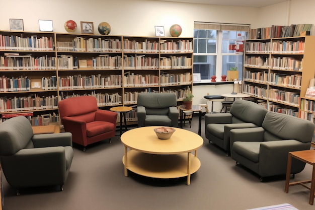 Sala di lettura con poltrone per scaffali e caffè Generative AI