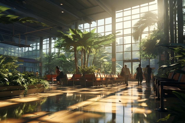 Sala di partenza dell'aeroporto soleggiata con i passeggeri in attesa di salire sull'aereo alla luce del giorno