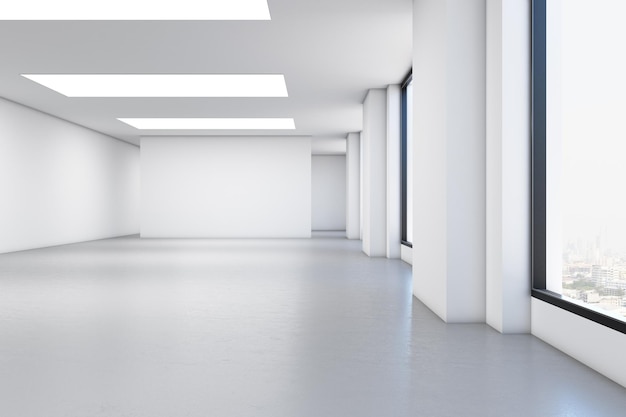 Sala galleria ufficio bianca con una parete bianca vuota sullo sfondo pareti a soffitto bianco e con finestre Mockup