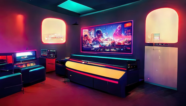 Sala giochi cinematografica nell'interno del gioco futuristico del metaverso