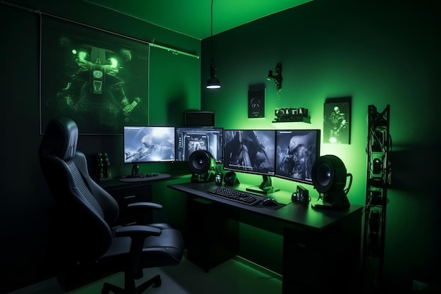 Sala giochi con hardware e attrezzature colorate in verde generativo ai