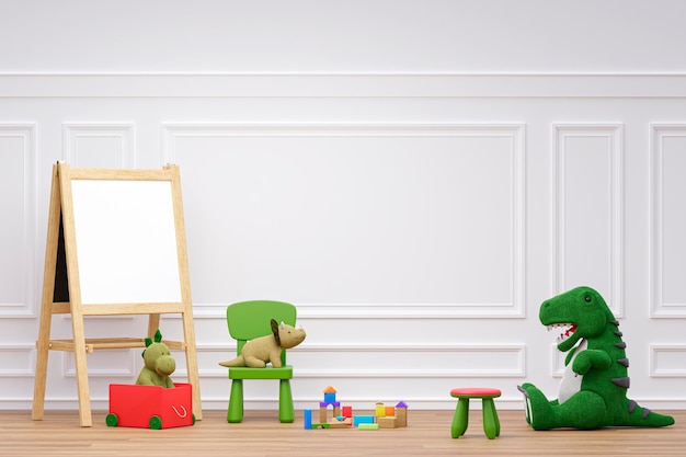 Sala giochi per bambini con animali ripieni e lavagna bianca per la scrittura 3d rendering illustrazione