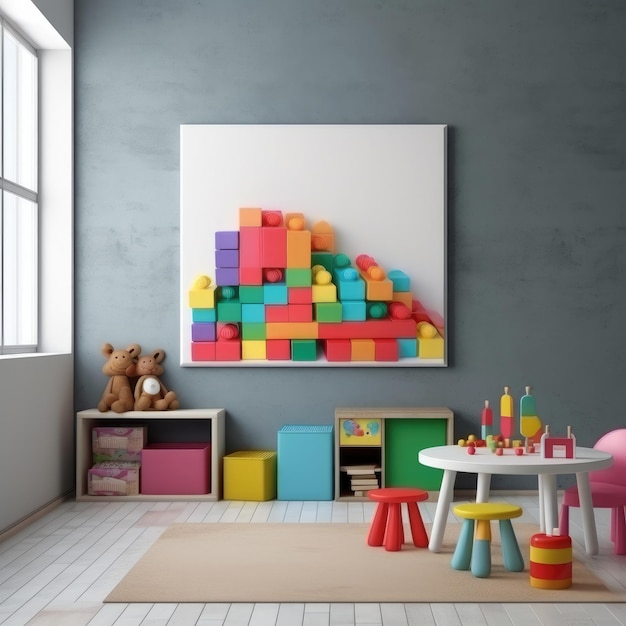 Sala giochi per bambini con blocchi educativi colorati in plastica giocattoli KindergartenGenerative AI