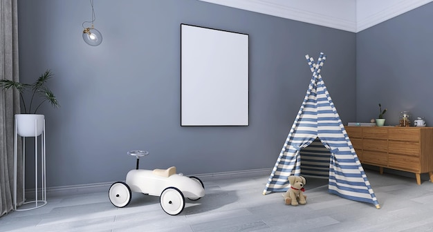 Sala giochi per bambini con cornice per foto vuota, tenda per bambini, auto giocattolo, orsacchiotto