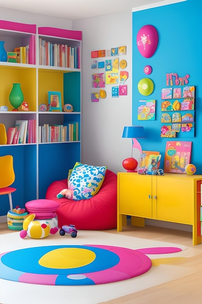 sala giochi per bambini vibrante ed energetica adornata con colorate adesive a parete sacchetti di fagioli e scaffali