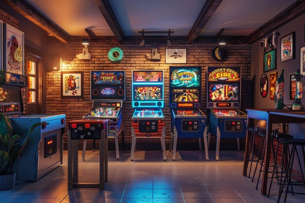 Sala giochi retro-ispirata con pinball vintage machi