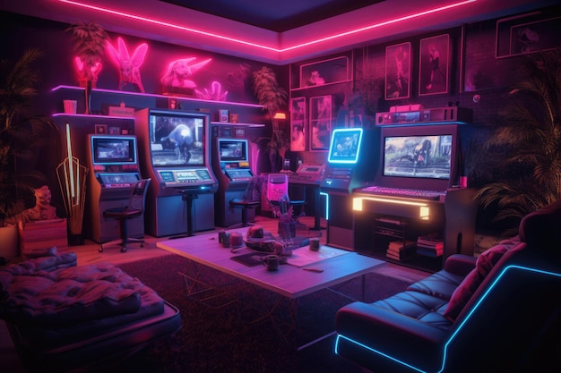 Sala giochi Sala illuminata al neon con computer Illustrazione AI generativa