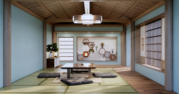 Sala grande vuota di menta Rendering 3D in stile zen della stanza di pulizia interna dell'Asia