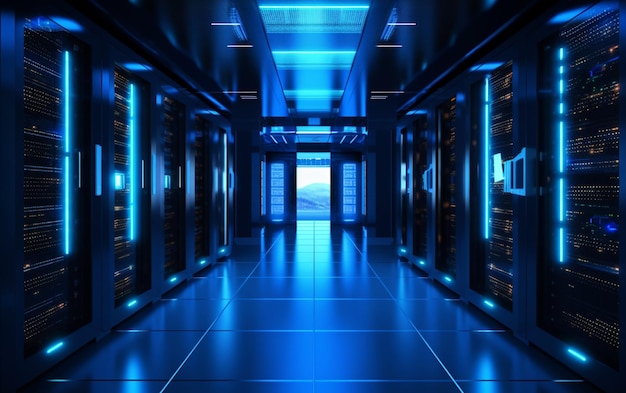Sala hub di rack per server dati con interno blu del centro computer Big Data per l'hosting di hardware di archiviazione