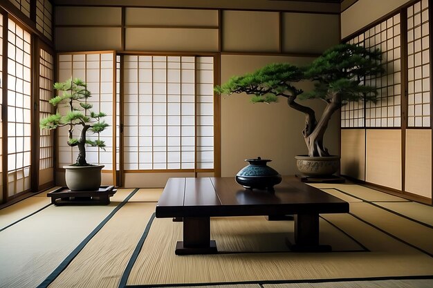 Sala in stile giapponese con bonsai e tavolo di legno