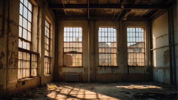 Sala industriale abbandonata con la luce solare