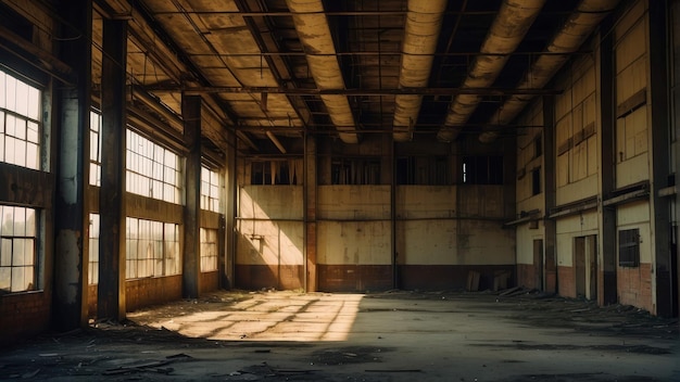 Sala industriale abbandonata con la luce solare