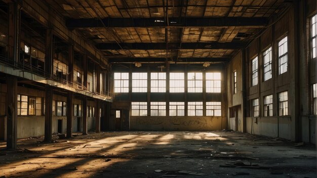 Sala industriale abbandonata con la luce solare