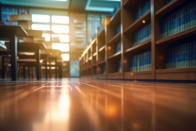 Sala interna della biblioteca universitaria vuota astratta Aula sfocata con scaffali con effetto sfocato ai generativa