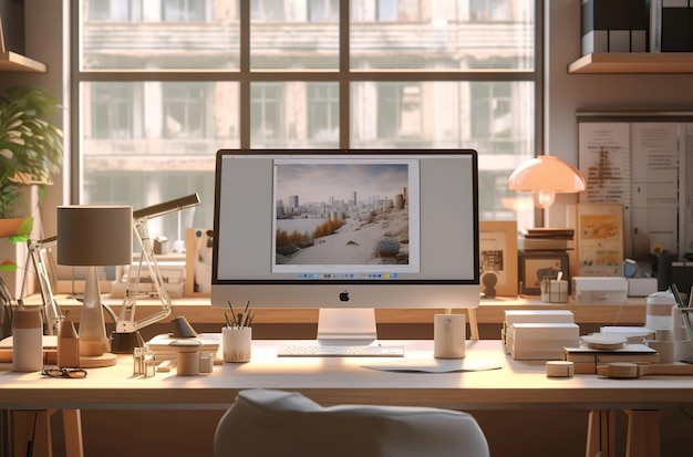 Sala lavoro con computer e vista sull'edificio