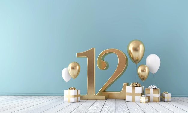 Sala per feste numero 12 con palloncini bianchi e dorati e scatole regalo Rendering 3D