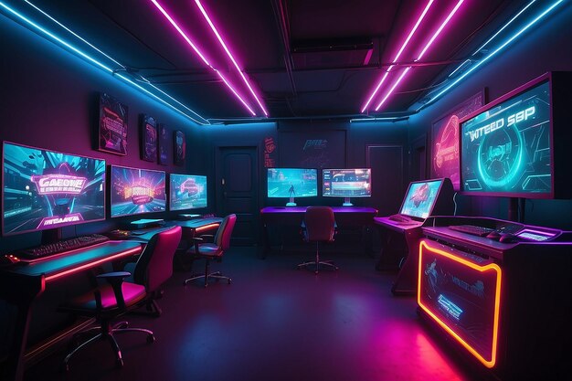 Sala per giocatori professionisti con computer personale ultra potente gioco di sparatutto in prima persona in pausa sullo schermo