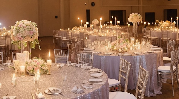 Sala per matrimoni decorata con candele, tavoli rotondi e centrotavola