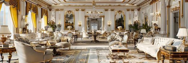 Sala reale e classica del palazzo Lussuoso ed elegante design d'interno Decorazione maestosa e ambiente storico Spazio di vita opulento