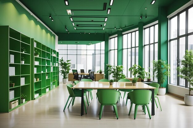 Sala riunioni e di lavoro verde in un edificio per uffici con scaffale per libri