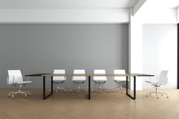 Sala riunioni minimalista con pareti grigie e pavimento in legno rendering 3d
