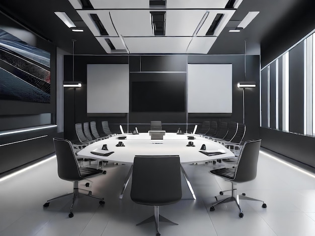 Sala riunioni minimalista per imprenditori e alti funzionari aziendali 3D e rendering