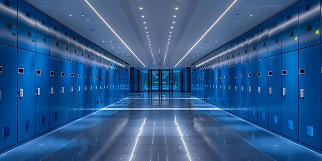 Sala scolastica fiancheggiata da armadietti blu che creano un'atmosfera vibrante nei corridoi Concept School Hallways Blue Lockers Vibrant Atmosphere