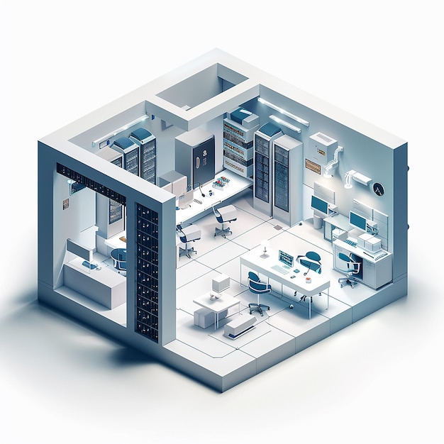 Sala server 3D isometrica con tecnologia moderna