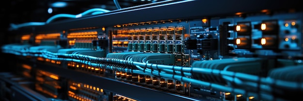 Sala server con cavi e cavi Internet di commutazione Attrezzature a fibra ottica nel centro dati Panorama di sfondo della rete