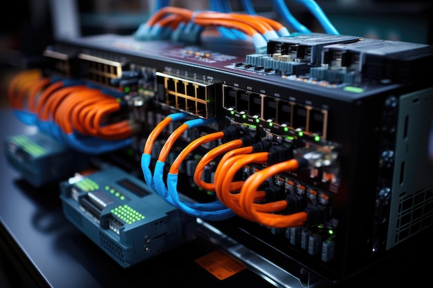 Sala server con cavi e cavi Internet di commutazione Attrezzature a fibra ottica nel centro dati