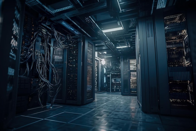 Sala server di rete con molti cavi pronti per la tecnologia di trasferimento dei dati background AI generativa