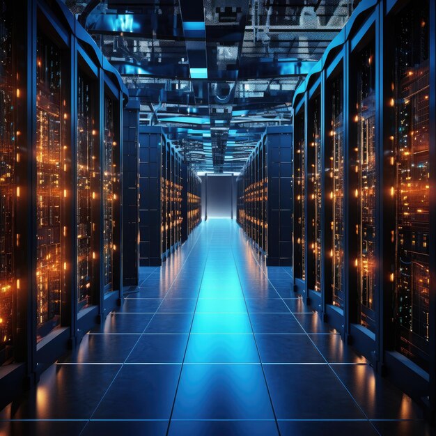 Sala server scura centro dati di archiviazione con luci blu Generative ai