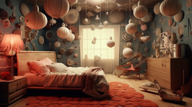 Sala surreale con oggetti galleggianti e sogni