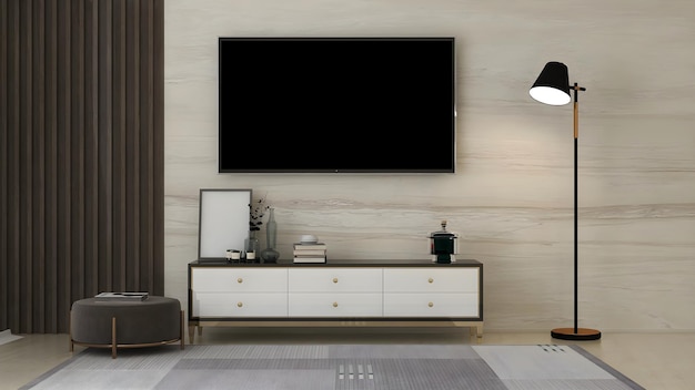 Sala tv con parete in marmo e legno scrivania bianca e oggetti sgabello lampada da terra e tv vuota