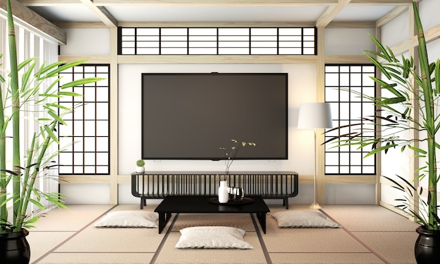 Sala tv, smart tv sulla parete zen room porcile giapponese e pavimento in tatami. Rendering 3D