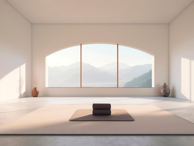 Sala vuota con grande tappeto di finestre e vista sulla montagna 3D RenderingAI Generato