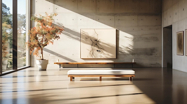Sala vuota moderna contemporanea con vista sulla natura che si affaccia sul soggiorno dietro l'AI generativa