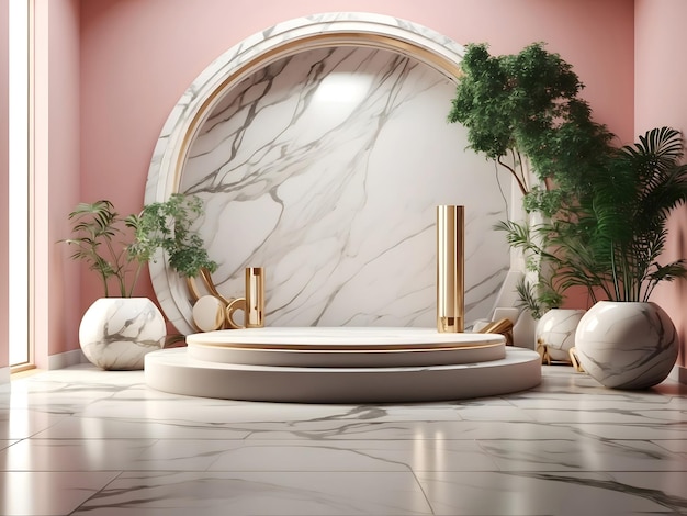 Sala vuota realistica con podio in marmo